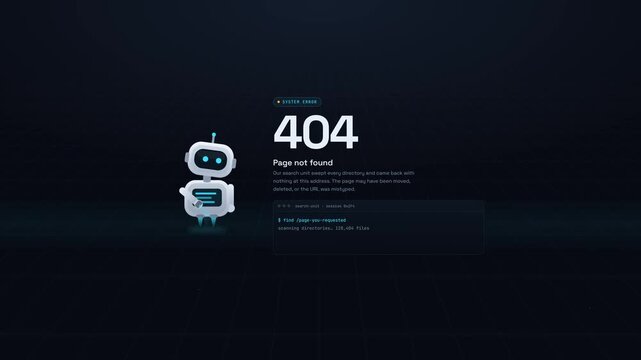 Animated robot character with 404 page not found text on dark background