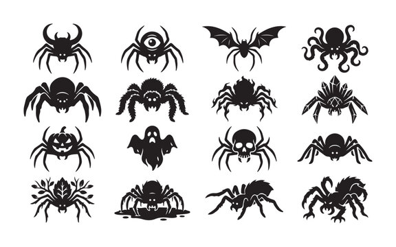 Menacing spider and arachnid silhouette icons including fantasy monsters for halloween decorations.