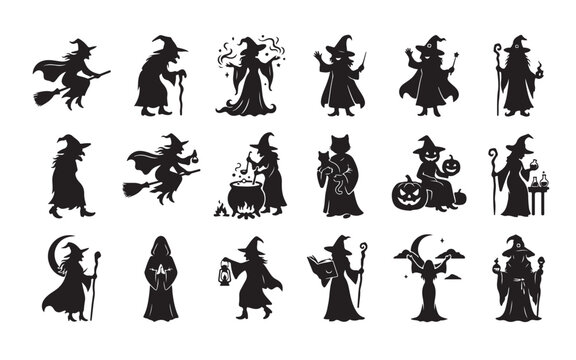 Classic witch silhouettes including hags and sorcerers for halloween celebrations and spooky flyers.