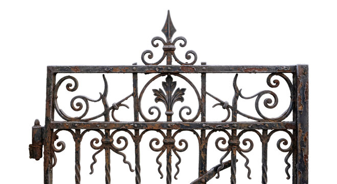Ornate vintage wrought iron gate section with weathered texture and decorative metal scrollwork