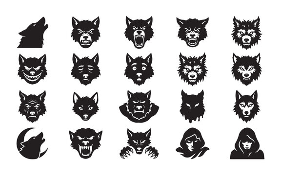 Werewolf and wolf head silhouette vector set with angry aggressive expressions for mascot templates.