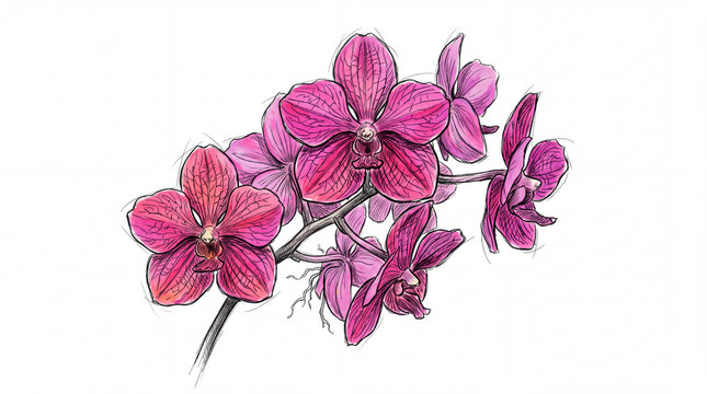 Pink orchid flower botanical sketch illustration on white background