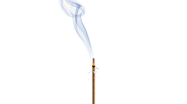Burning incense stick with blue smoke trail, aromatic joss stick for meditation and wellness, fragrant smoke swirl for zen spa atmosphere isolated PNG with Transparent Background