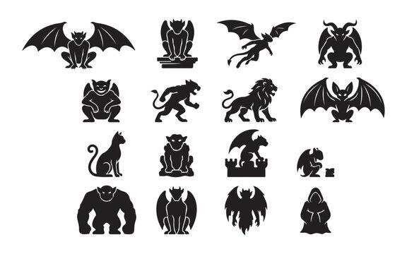 Gargoyle silhouette collection featuring gothic stone monsters and winged statues for designs.