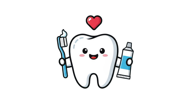 Cute cartoon tooth character with toothbrush and toothpaste isolated on transparent background