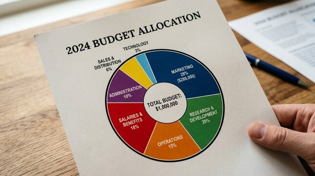 Printed pie chart showing budget allocation - budget planning and business finance concept