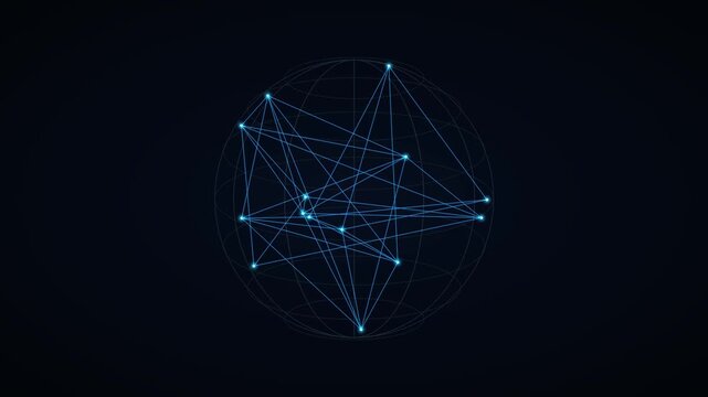 Digital geopolitical Earth globe rotating in 3D with glowing global airline flight routes, data 4K video loop.