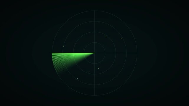 Cybersecurity threat intelligence radar screen with rotating 360 degree sonar sweep beam, scifi 4K video loop.
