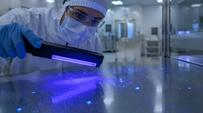 Scientist in cleanroom using UV light for inspection.