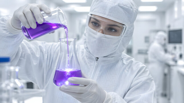 Scientist in cleanroom pouring purple liquid from beaker to flask.