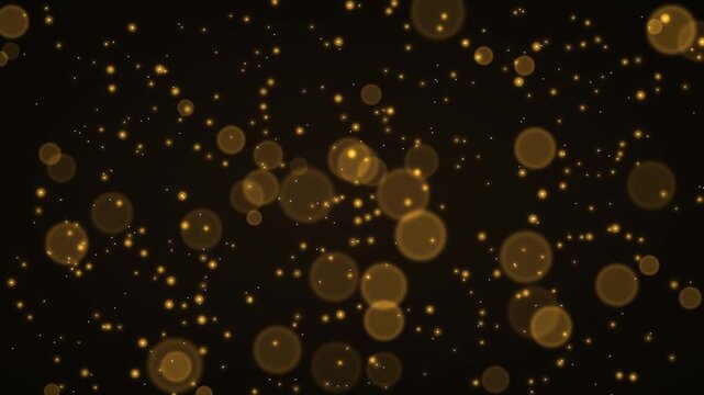 Floating 24K yellow gold bokeh discs and glistening stardust orbs on velvet black, luxury 4K video backdrop.