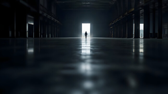 Silhouette of a lone figure walking towards a bright light in a dark empty hall.