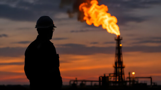 Silhouette of a worker observing a flare stack at an industrial facility.