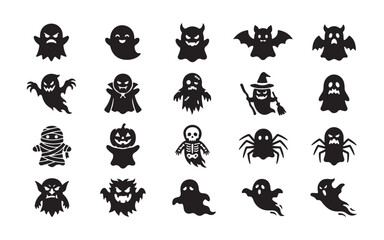 Fototapeta premium Set of twenty halloween black silhouettes including ghosts pumpkins monsters and skeletal figures.