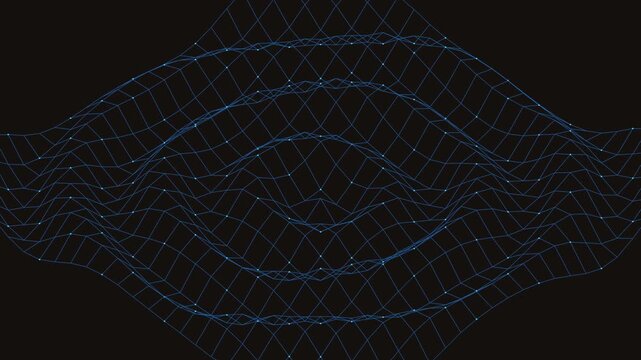 Three dimensional isometric sapphire blue digital grid with undulating elevation waves, telecom video loop.