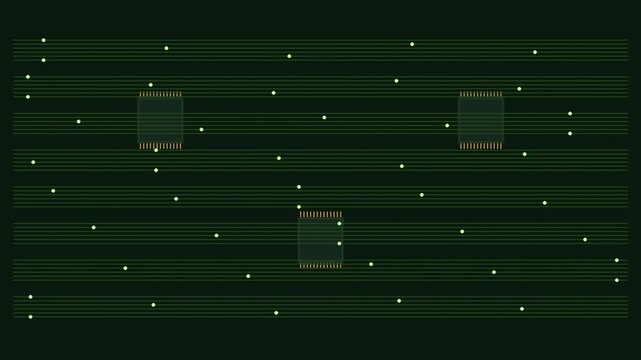 High density motherboard circuit board with flowing electron data bus traces, semiconductor tech video loop.