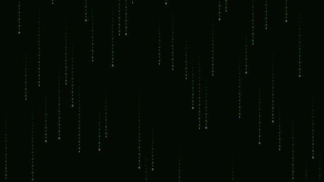 Cascading digital binary code stream raining down dark monitor screen, cybersecurity software video loop.