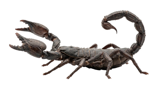 Detailed studio shot of a black emperor scorpion isolated against a clean white background