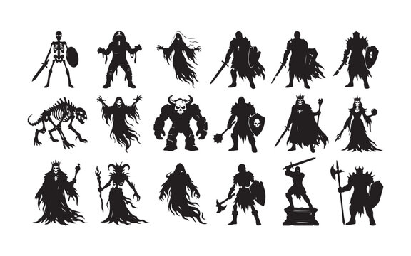 Undead warrior silhouette pack featuring skeleton knights and dark fantasy necromancer characters set.