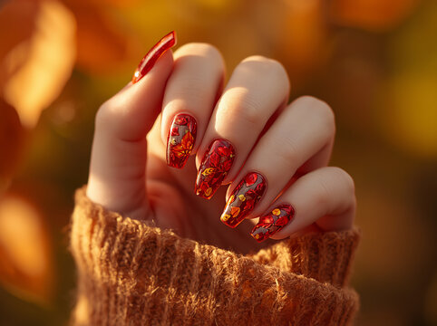 Close-up of a hand with creative autumn nail art, translucent red gel nails with golden leaf designs, cozy orange knit sweater, warm sunset light, fall manicure trends 2026