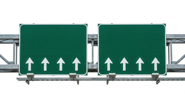 Blank Green Road Signs With Arrows Above Driving Lane