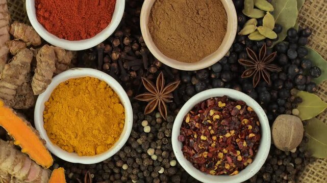 Various aromatic spices, top view, rotating 