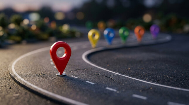 Colorful Map Pins on Winding Road, Navigation Concept