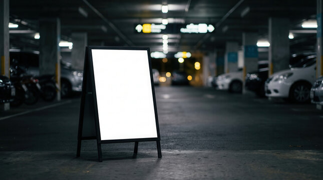 Blank A-Frame Sign In Dark Parking Garage With Cars