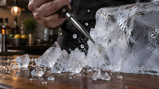 Close up of hand using professional ice pick to chip large clear ice block.