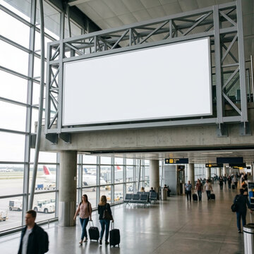 Blank Screen In Modern Airport Terminal With Travelers And Planes Outside