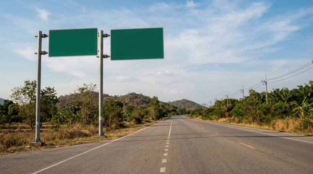 Blank Green Road Signage In A Scenic Rural Landscape
