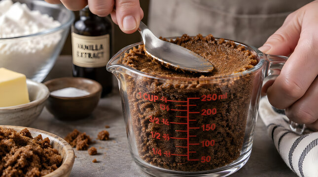 Packing brown sugar into a glass measuring cup for baking.