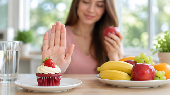 Young woman refusing sugary cupcake and choosing healthy fruit for better nutrition.