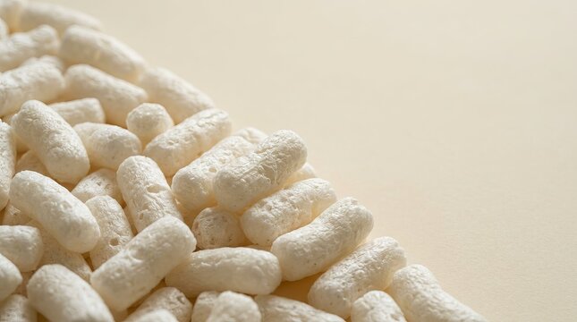 Natural Biodegradable Plant Starch Packing Peanuts Filling the Corner on a Smooth Cream Background.