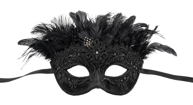 Elegant black masquerade mask with intricate lace detailing and soft feathers on white background
