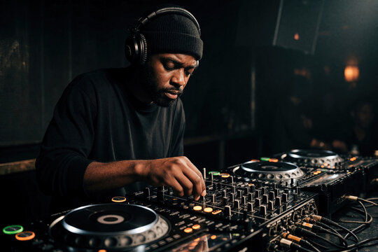 African american DJ wearing headphones plays music on mixing board in dark club. Man adjusts levels on sound equipment, focused on his performance at night party.
