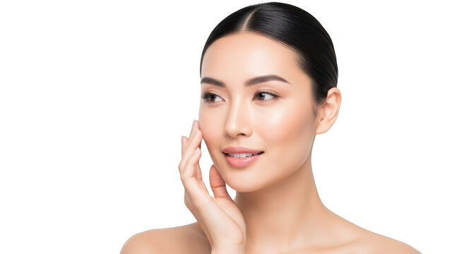 Young asian woman with glowing skin touching her face isolated on transparent background