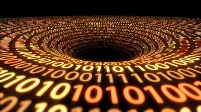 Abstract digital vortex composed of binary code numbers creating a glowing data tunnel effect with data flow abstract background computer code information stream
