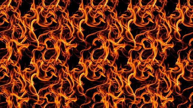 Seamless repeating pattern of bright orange fire flames glowing against a dark black background