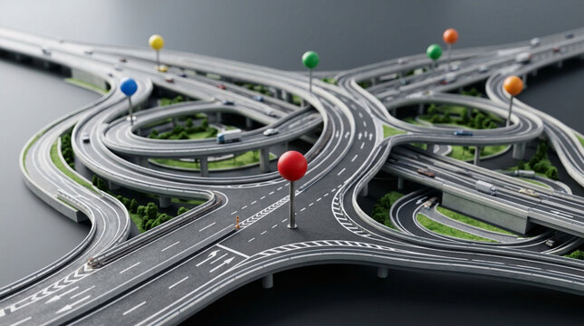 Complex Road Intersection with Location Pins - Concept of Choices and Navigation