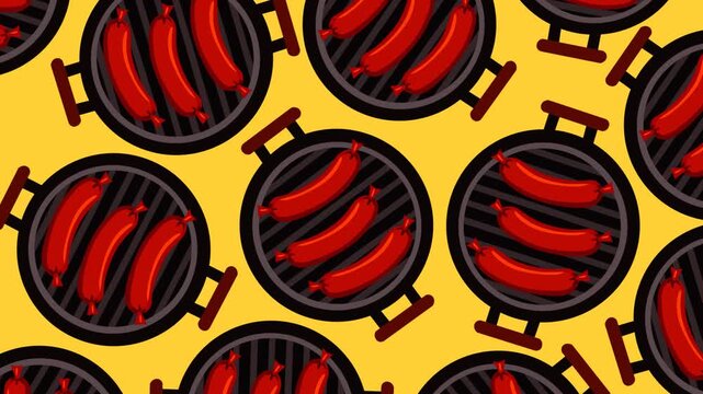 Festive Oktoberfest sausage pattern featuring grilled red sausages on black plates over a bright yellow background