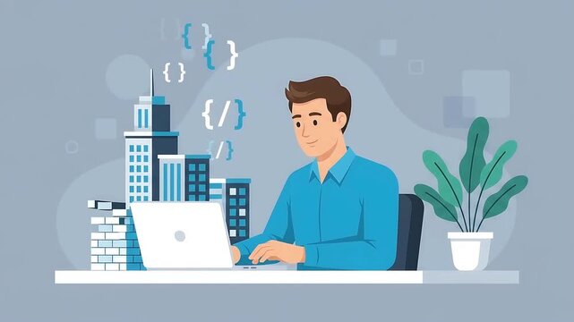 Software Developer Building Virtual City Infrastructure with Code and Digital Tools