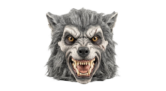 Detailed werewolf mask with realistic grey fur and sharp teeth isolated on white background