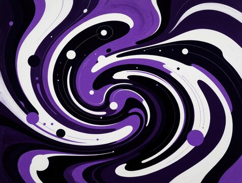 Abstract purple black and white swirls with dots create dynamic fluid motion. Organic liquid shapes form a modern abstract background. This design evokes energy and creativity for various uses.