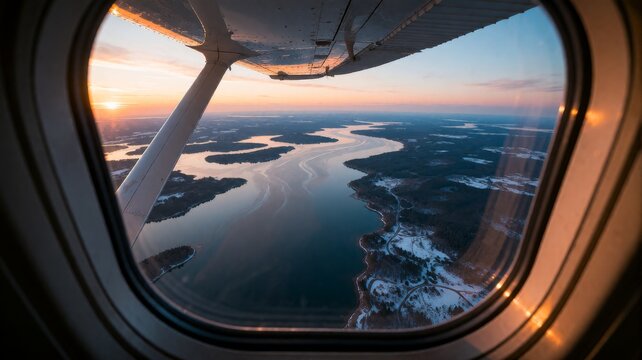 Aerial view of winding rivers and snow-covered landscape from small airplane window