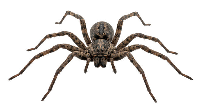 A detailed close up of a wolf spider isolated on a plain white background for scientific study