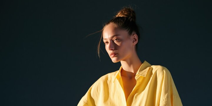 Three quarter portrait of woman in bright yellow oversized shirt with topknot and directional sunlight for modern layout and minimalist portrait composition