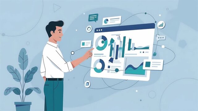 Professional Businessman Interacting with Interactive Data Visualization and Analytics Dashboard in Digital Workspace