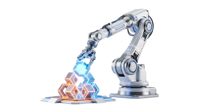 Industrial robotic arm assembling glowing digital cubes, futuristic automation technology, smart factory manufacturing process with blue and orange light isolated PNG with Transparent Background