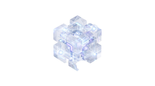 Futuristic glowing crystal cube with digital circuitry, holographic ice block with glowing data lines, ethereal glass geometric structure isolated PNG with Transparent Background